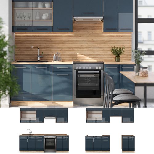 Kitchenette Fame-line 49777 Bleu Foncé Brillant/chêne Doré 240cm Sans Pt
