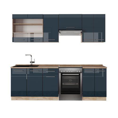 Kitchenette Fame-line 49777 Bleu Foncé Brillant/chêne Doré 240cm Sans Pt