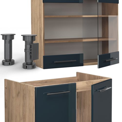 Kitchenette Fame-line 49777 Bleu Foncé Brillant/chêne Doré 240cm Sans Pt
