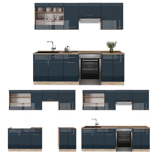 Kitchenette Fame-line 49777 Bleu Foncé Brillant/chêne Doré 240cm Sans Pt
