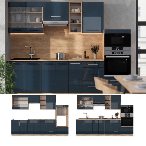 Cuisine Fame-line 49793 Bleu Foncé Brillant/chêne Doré 280cm , Pt Marbre