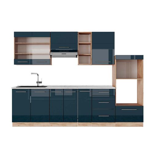 Cuisine Fame-line 49793 Bleu Foncé Brillant/chêne Doré 280cm , Pt Marbre
