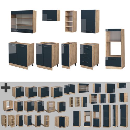 Cuisine Fame-line 49793 Bleu Foncé Brillant/chêne Doré 280cm , Pt Marbre