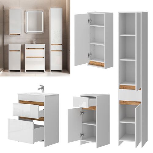 Meubles Bain Detmold 49843 Blanc Brillant/chêne Doré 5 Pièces