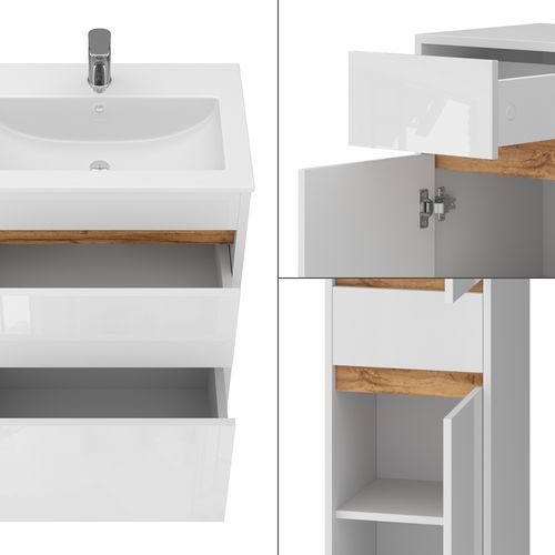 Meubles Bain Detmold 49843 Blanc Brillant/chêne Doré 5 Pièces