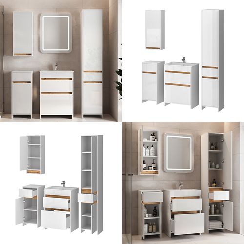 Meubles Bain Detmold 49843 Blanc Brillant/chêne Doré 5 Pièces