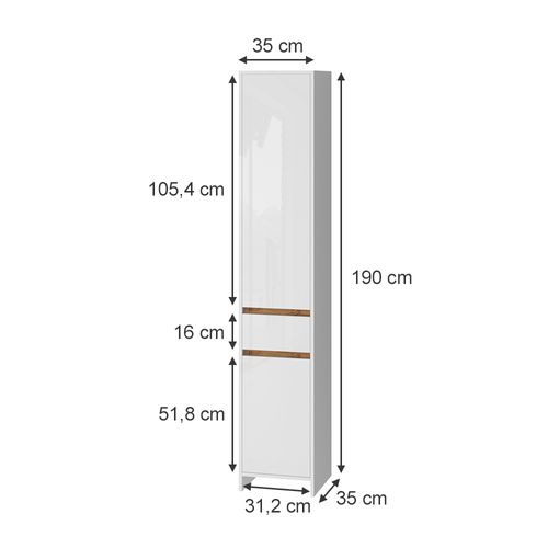 Armoire Sdb Detmold 49530 Blanc Brillant/chêne Doré 35x190cm Avec 2 Portes Et 1 Tiroir
