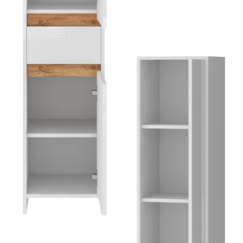 Armoire Sdb Detmold 49530 Blanc Brillant/chêne Doré 35x190cm Avec 2 Portes Et 1 Tiroir