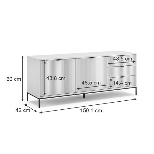 Lowboard Eliza 49465 Blanc 150x60cm Avec 3 Tiroirs, 2 Portes