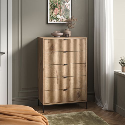 Commode  Eliza, Chêne Viking, 76x120cm Avec 5 Tiroirs