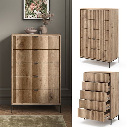 Commode  Eliza, Chêne Viking, 76x120cm Avec 5 Tiroirs