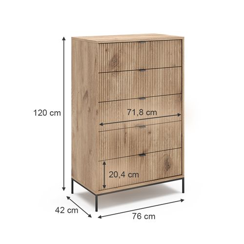 Commode  Eliza, Chêne Viking, 76x120cm Avec 5 Tiroirs