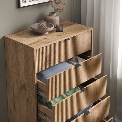 Commode  Eliza, Chêne Viking, 76x120cm Avec 5 Tiroirs