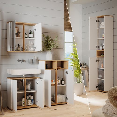 Ensemble Meubles Bain Didi 49398 Blanc/artisan 4 Pièces, Armoire Haute Et Armoire Centrale Portes