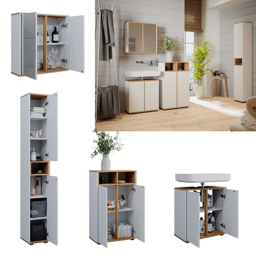 Ensemble Meubles Bain Didi 49398 Blanc/artisan 4 Pièces, Armoire Haute Et Armoire Centrale Portes