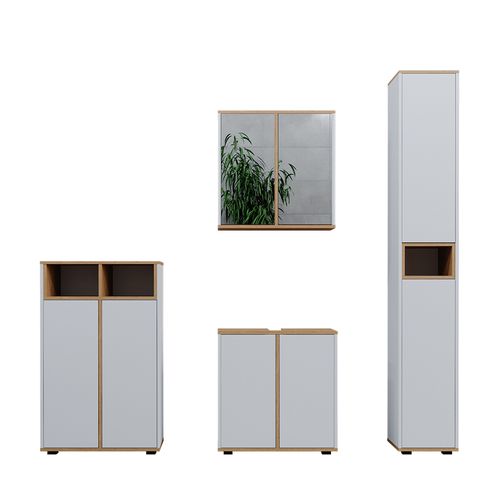 Ensemble Meubles Bain Didi 49398 Blanc/artisan 4 Pièces, Armoire Haute Et Armoire Centrale Portes