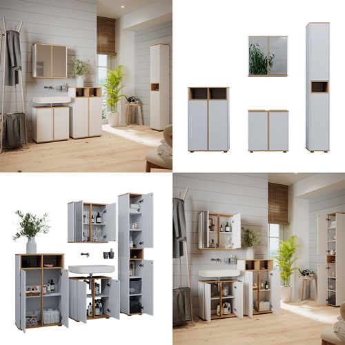 Ensemble Meubles Bain Didi 49398 Blanc/artisan 4 Pièces, Armoire Haute Et Armoire Centrale Portes