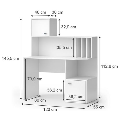 Bureau Alwin, Blanc, 115x55cm Avec 2 Portes