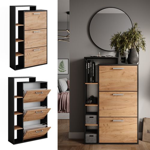 Meuble à Chaussure Orlando, Chêne De Force Doré, 80x128.3cm Avec 3 Compartiments
