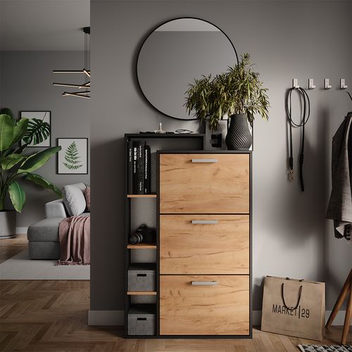 Meuble à Chaussure Orlando, Chêne De Force Doré, 80x128.3cm Avec 3 Compartiments