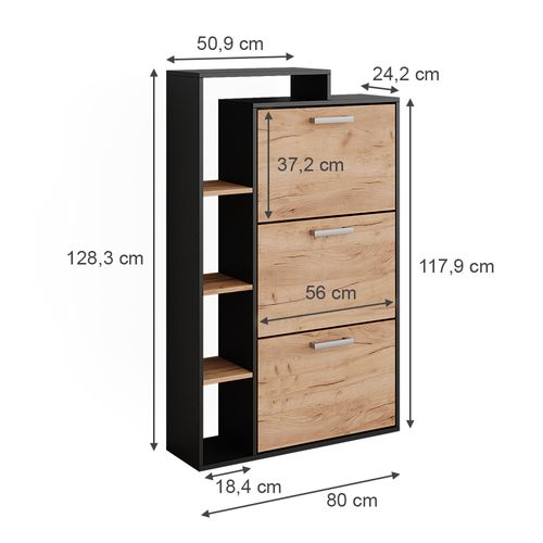 Meuble à Chaussure Orlando, Chêne De Force Doré, 80x128.3cm Avec 3 Compartiments