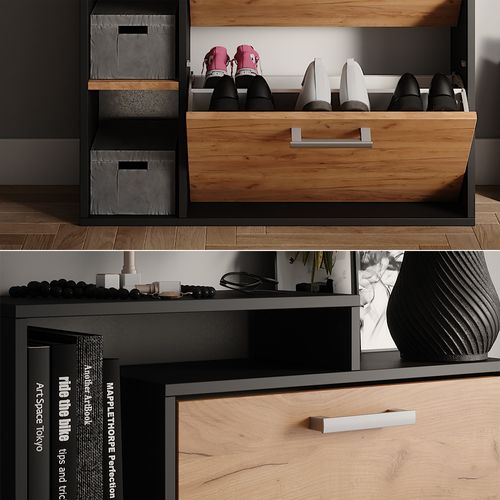 Meuble à Chaussure Orlando, Chêne De Force Doré, 80x128.3cm Avec 3 Compartiments