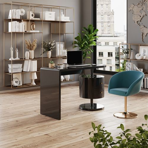 Bureau Lara, Noir Haute Brillance, 120x50cm Avec 2 Tiroirs