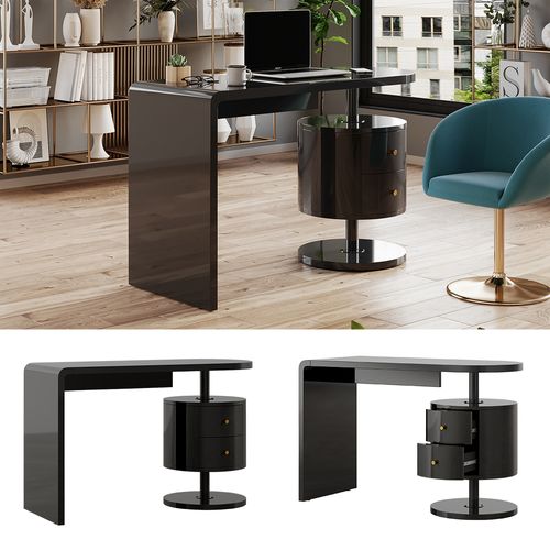 Bureau Lara, Noir Haute Brillance, 120x50cm Avec 2 Tiroirs