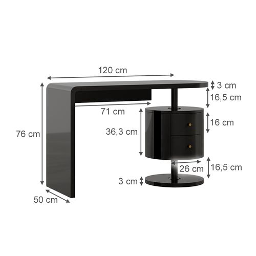 Bureau Lara, Noir Haute Brillance, 120x50cm Avec 2 Tiroirs
