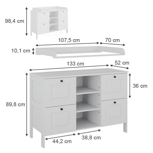 Commode à Langer Ajaton, Blanc, 133x98.4cm Avec 4 Tiroirs