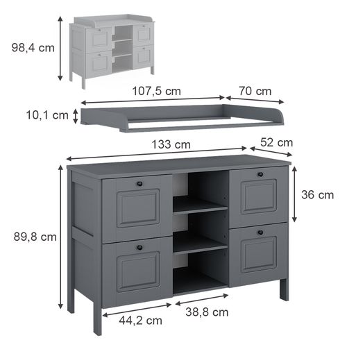 Table à Langer Ajaton 50055 Gris 133x98.4cm Avec 4 Tiroirs