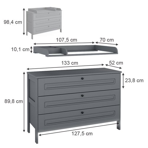 Commode à Langer Ajaton 50169 Gris 133x98.4cm Avec 3 Tiroirs
