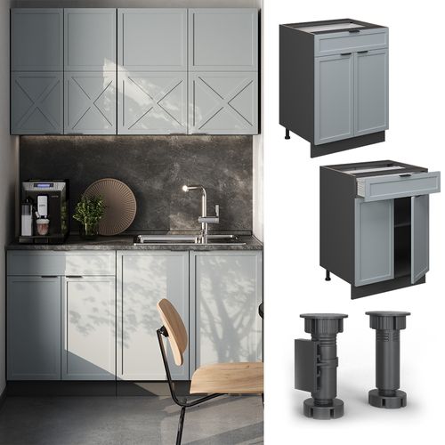 Meuble Cuisine Fame-line 50651 Bleu Clair-gris 60cm Avec Tiroir, Pt Anthracite
