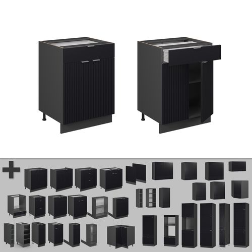 Meuble Cuisine Fame-line 50655 Noir Rayé 60cm Avec Tiroir, Pt Anthracite