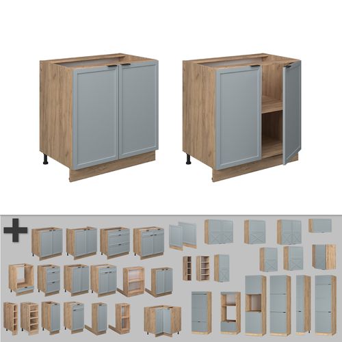 Meuble Bas De Cuisine Fame-line 50762 Bleu Clair-gris 80cm Avec Étagère, Pt Chêne