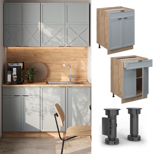 Meuble Cuisine Fame-line 50771 Bleu Clair-gris 60cm Avec Tiroir, Pt Marbre