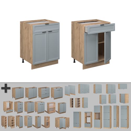 Meuble Cuisine Fame-line 50771 Bleu Clair-gris 60cm Avec Tiroir, Pt Marbre