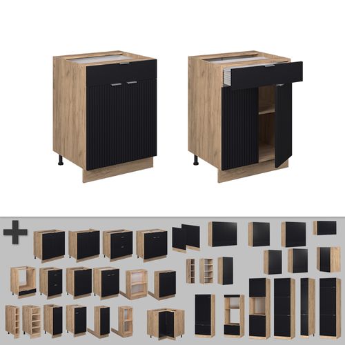 Meuble Cuisine Fame-line 50772 Noir Rayé 60cm Avec Tiroir, Sans Pt