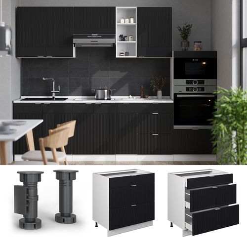 Meuble Cuisine Fame-line 50868 Noir Rayé 80cm Avec 3 Tiroirs, Sans Pt