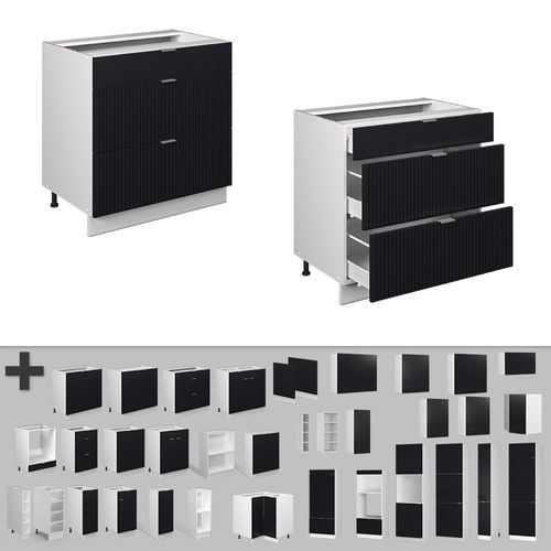 Meuble Cuisine Fame-line 50868 Noir Rayé 80cm Avec 3 Tiroirs, Sans Pt
