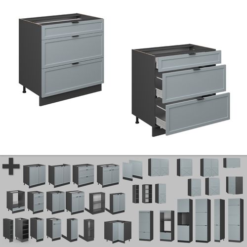 Meuble Cuisine Fame-line 50885 Bleu Clair-gris 80cm Avec 3 Tiroirs, Pt Anthracite