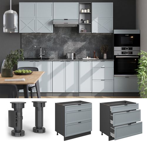 Meuble Cuisine Fame-line 50886 Bleu Clair-gris 80cm Avec 3 Tiroirs, Pt Chêne