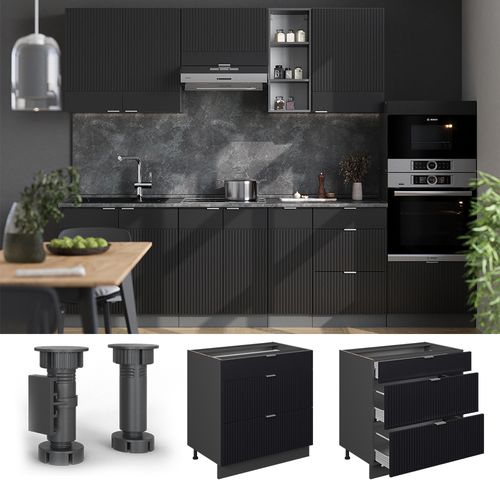 Meuble Cuisine Fame-line 50890 Noir Rayé 80cm Avec 3 Tiroirs, Pt Chêne