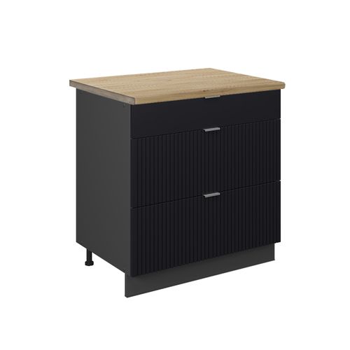 Meuble Cuisine Fame-line 50890 Noir Rayé 80cm Avec 3 Tiroirs, Pt Chêne