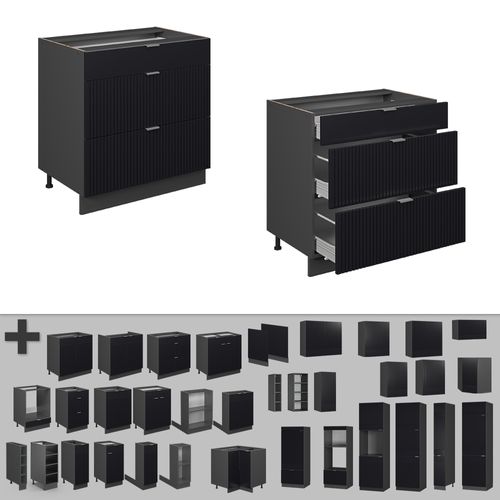 Meuble Cuisine Fame-line 50890 Noir Rayé 80cm Avec 3 Tiroirs, Pt Chêne