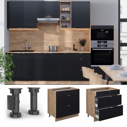 Meuble Cuisine Fame-line 50908 Noir Rayé 80cm Avec 3 Tiroirs, Pt Chêne