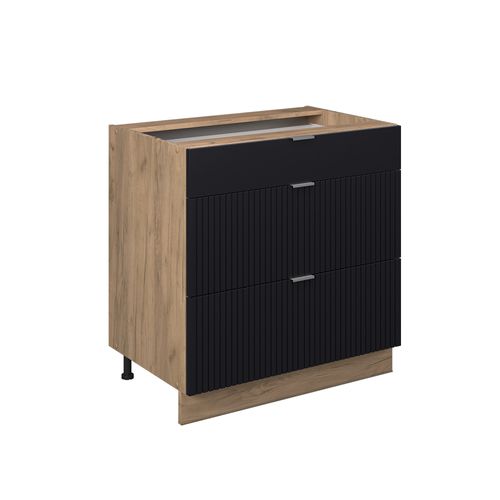 Meuble Cuisine Fame-line 50908 Noir Rayé 80cm Avec 3 Tiroirs, Pt Chêne