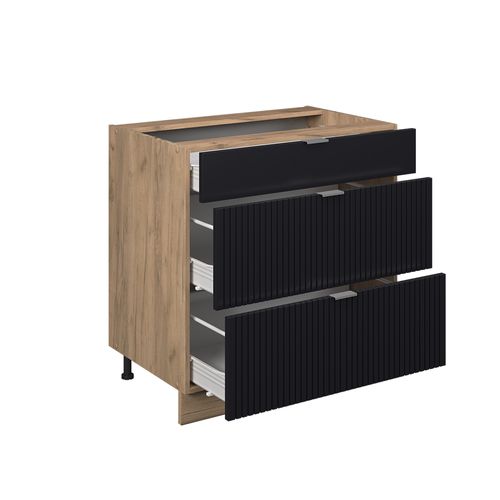 Meuble Cuisine Fame-line 50908 Noir Rayé 80cm Avec 3 Tiroirs, Pt Chêne