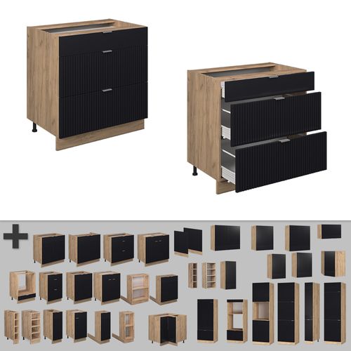 Meuble Cuisine Fame-line 50908 Noir Rayé 80cm Avec 3 Tiroirs, Pt Chêne