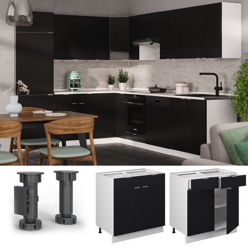 Meuble Cuisine Fame-line 50926 Noir Rayé 80cm , Pt Marbre